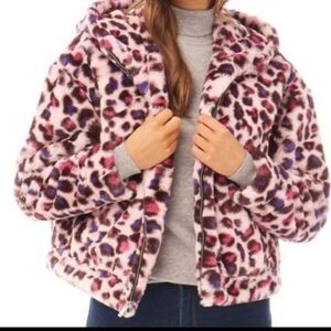 UGG Mandy Women's size L Faux Fur Hoodie Pink Cheetah Motif Winter Jacket